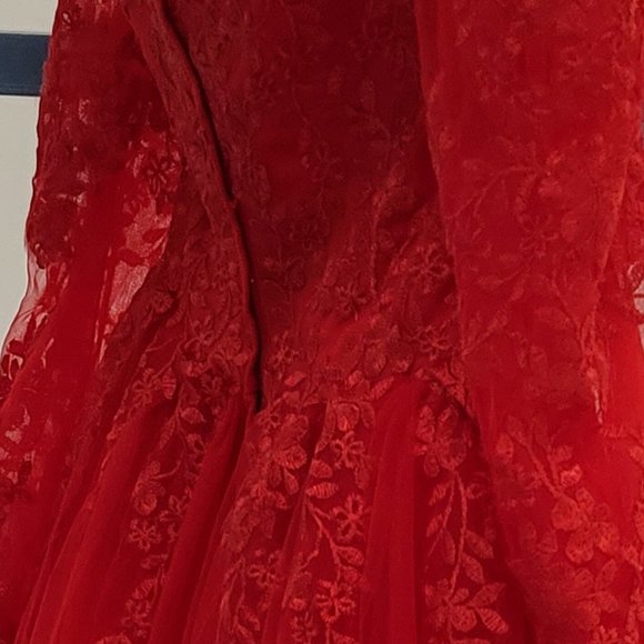 Hebeos Off The Shoulder Red Lace Wedding Dress - Picture 2 of 16